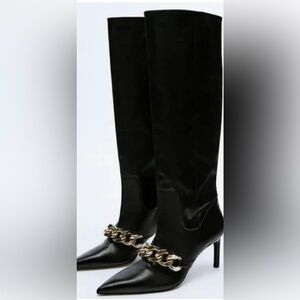 Zara Black Leather Heeled Boots with Gold Chain
